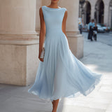 Cowl Neck Pleated Midi Dress with Flared Skirt