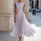 Cowl Neck Pleated Midi Dress with Flared Skirt