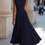 Cowl Neck Pleated Midi Dress with Flared Skirt