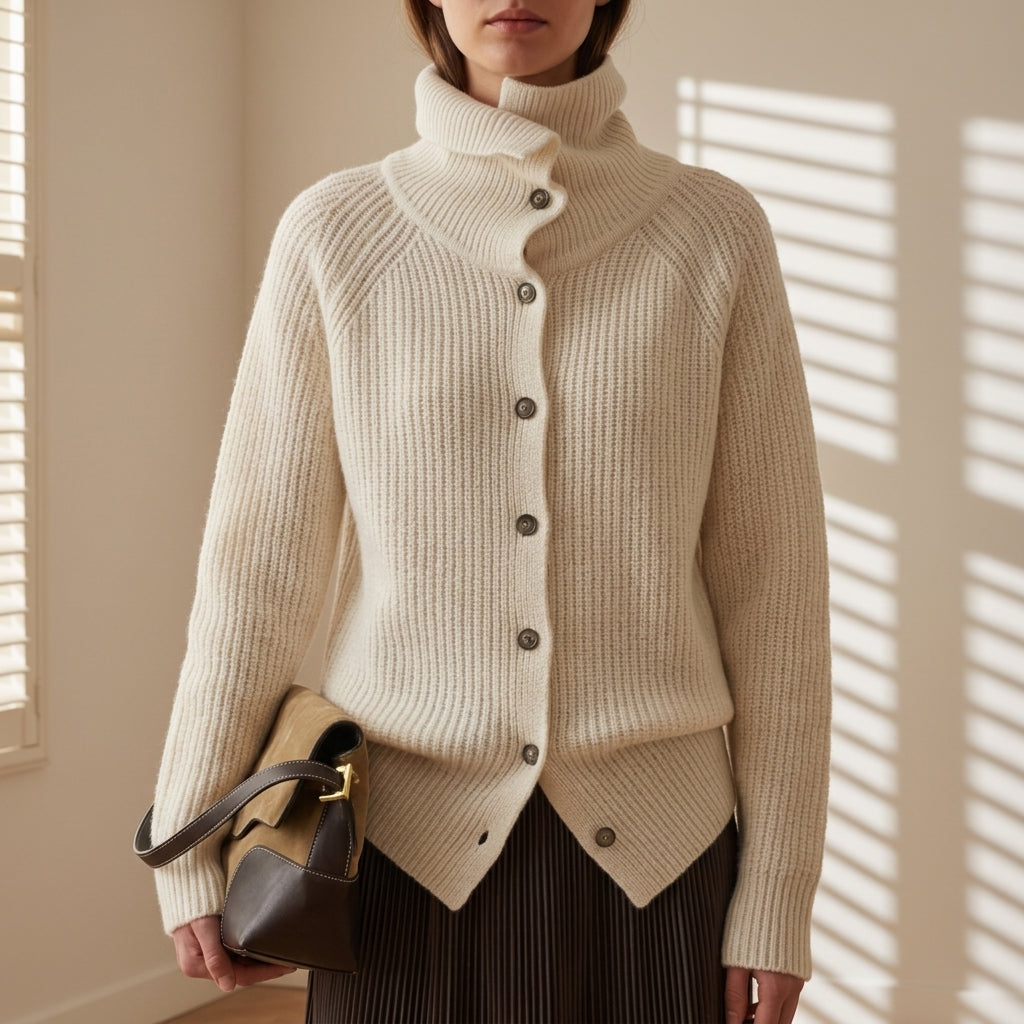 Funnel Neck Ribbed Cardigan with Button Front
