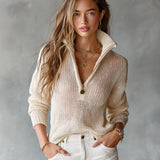 Half-Zip Funnel Neck Sweater with Open Knit