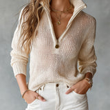 Half-Zip Funnel Neck Sweater with Open Knit
