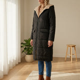 Long Quilted Puffer Coat with Sherpa Hood
