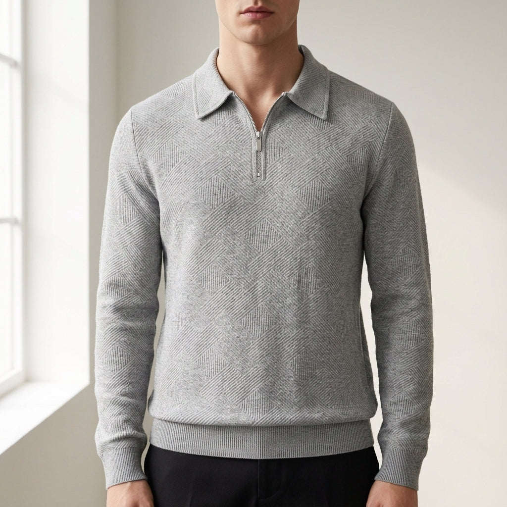 Quarter Zip Textured Knit Sweater with Collar