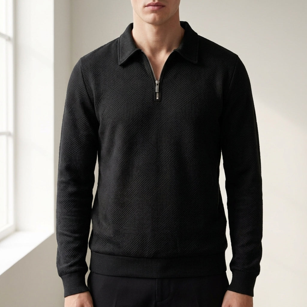 Quarter Zip Textured Knit Sweater with Collar
