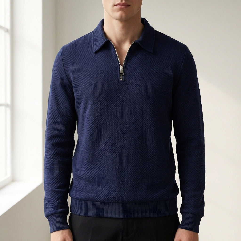 Quarter Zip Textured Knit Sweater with Collar