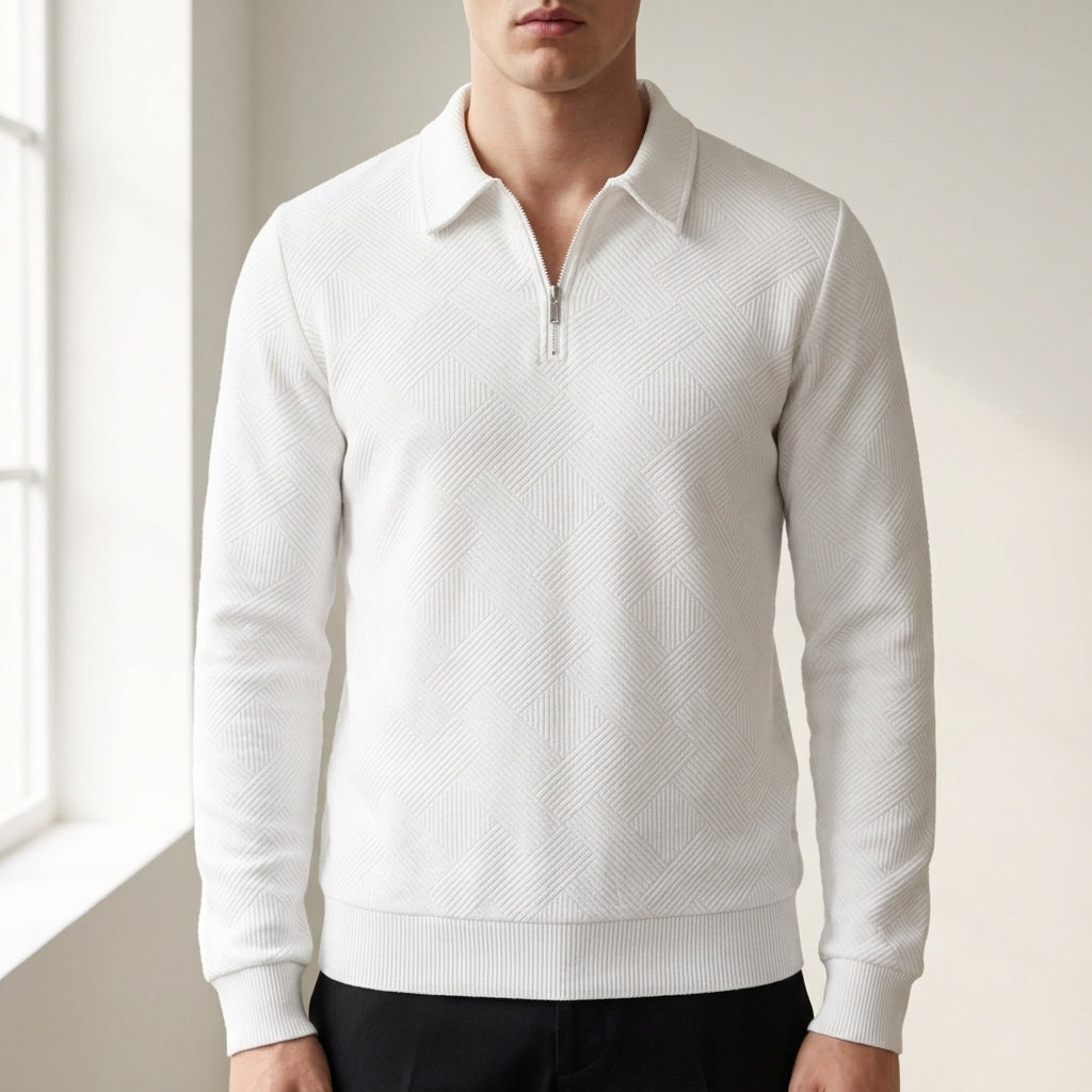 Quarter Zip Textured Knit Sweater with Collar