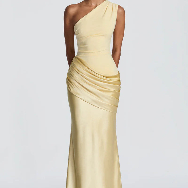 Off-Shoulder Satin Mermaid Maxi Dress with Draped Skirt