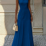 Sleeveless Pleated Maxi Dress with Boat Neck