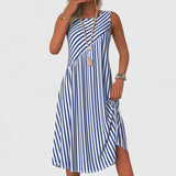 Striped A-Line Midi Dress with Round Neck
