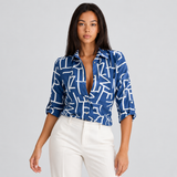 Button-Up Blouse with Geometric Print and Roll Up Sleeve