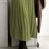 Cable Knit Maxi Sweater Dress with Round Neck and Long Sleeves