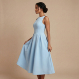 A-Line Pleated Sleeveless Midi Dress with Boat Neck