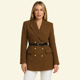 Belted Double-Breasted Blazer with Flap Pockets