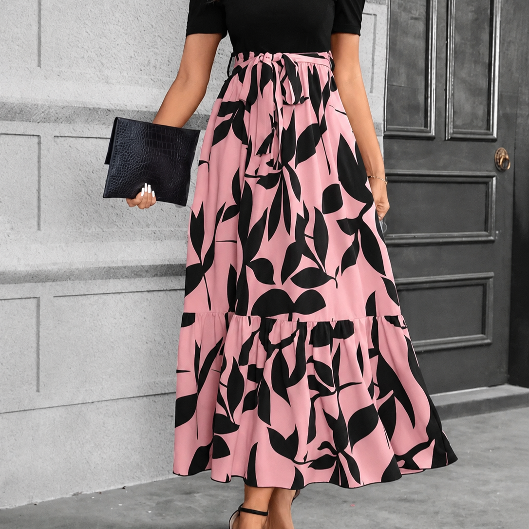 Floral Print A-Line Maxi Dress with Tie Waist and Puff Sleeves
