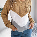 Cable Knit Color Block Sweater with Round Neck and Long Sleeves