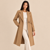 Long Womens Coat with Defined Waist and Tailored Knee Length Silhouette for Office Wear