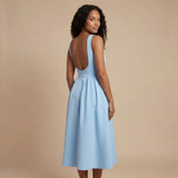 A-Line Pleated Sleeveless Midi Dress with Boat Neck