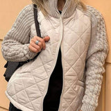 Quilted Zip-Up Jacket with Cable Knit Sleeves and High Collar
