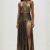 Pleated Halter Maxi Dress with Thigh Slit