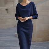 Ribbed Knit Midi Dress with Cowl Neck and Batwing Sleeves