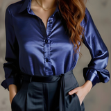 Satin Collared Blouse with Button-Front and Long Sleeves