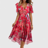 A-Line Floral Wrap Midi Dress with Ruffle Sleeves