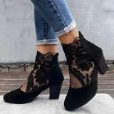Floral Lace Mesh Ankle Boots with Block Heel