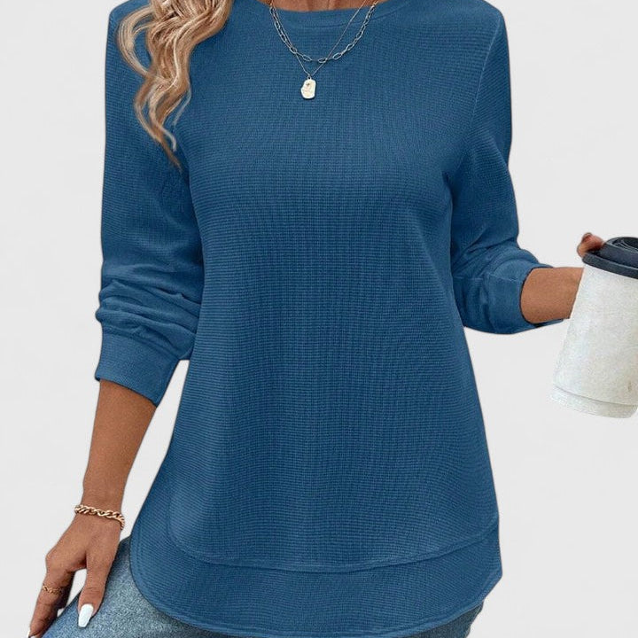 Women's Long Sleeve Top with Round Neck and Layered Curved Hem for Everyday Wear