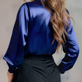 Satin Collared Blouse with Button-Front and Long Sleeves