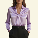 Satin Blouse with Twist Front and Collared Neckline
