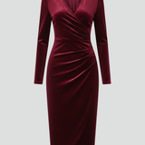 Ruched Bodycon Wrap Midi Dress with V-Neck