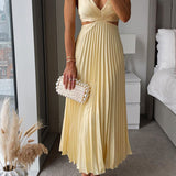 Women's Cocktail Dress with Pleated Midi Skirt V Neck and Side Cutouts for Wedding Guests