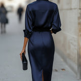Satin Bodycon Midi Dress with Point Collar and Belt