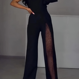 One-Shoulder Wide-Leg Jumpsuit with Mesh Thigh Slit