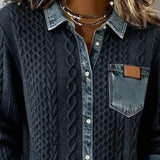Button-Down Sweater with Denim Collar