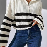 Half-Zip Striped Ribbed Knit Sweater