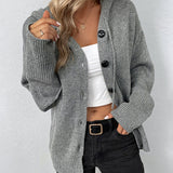 Hooded Button-Front Knit Cardigan with Drawstring
