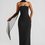 Strapless Maxi Dress with Ruched Waist and Neck Scarf