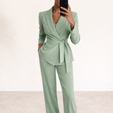 Wrap Blazer and Wide-Leg Pants Suit Set with Tie Waist