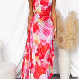 One-Shoulder Floral Pleated Maxi Dress with Ruched Waist