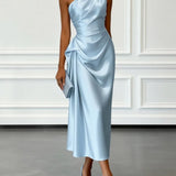 One-Shoulder Draped Satin Midi Dress with Ruched Waist