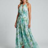 Floral Halter Maxi Dress with Keyhole and Ruched Waist