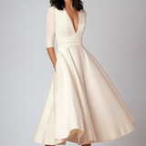 V-Neck Midi Dress with Flared Skirt and Three-Quarter Sleeve