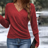 Women's V-Neck Knit Sweater – Wrap-Style Long Sleeve Pullover for Everyday Wear