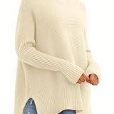 Oversized Turtleneck Knit Sweater for Women – Ribbed Long Sleeve Pullover with Side Slits for Casual Wear