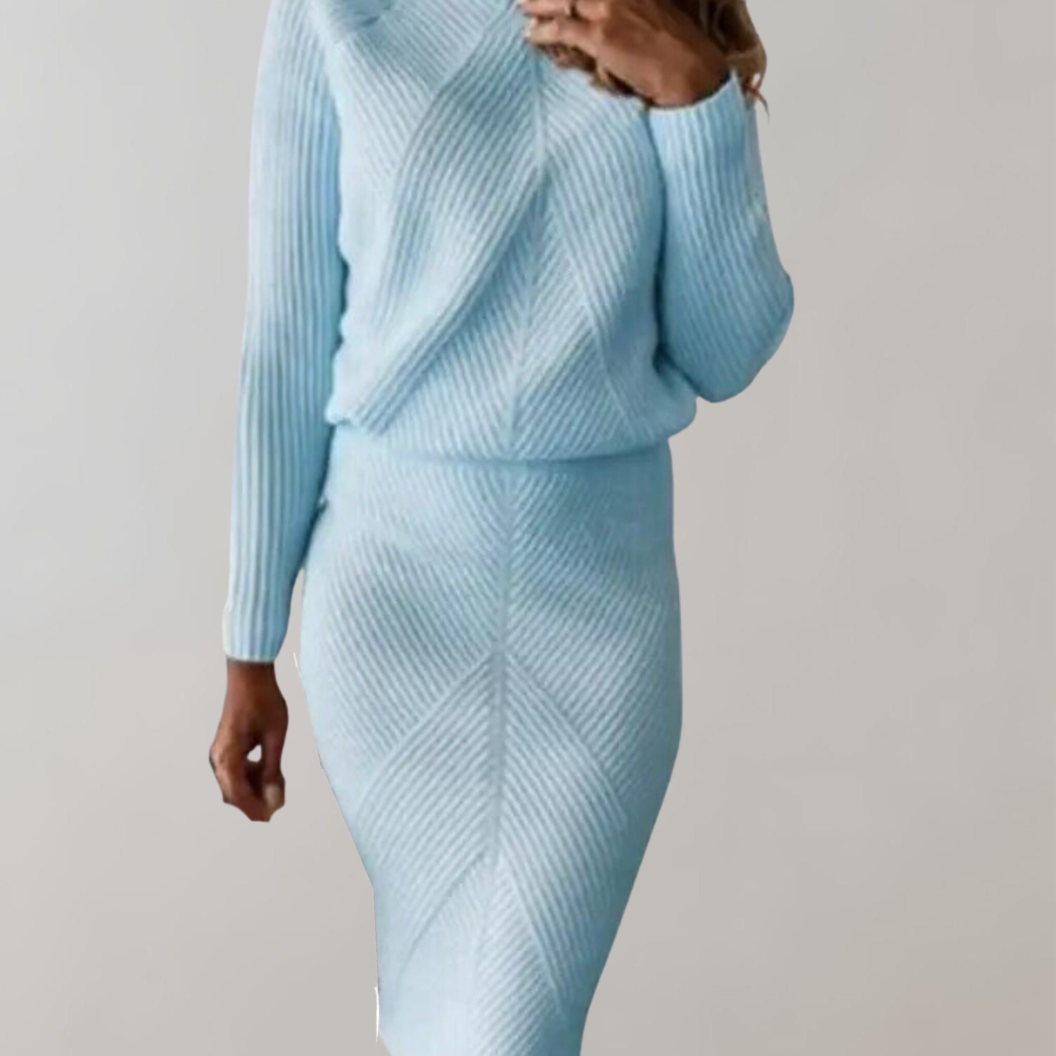 Ribbed Knit Two-Piece Set with Turtleneck Top and Bodycon Skirt