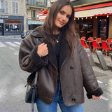 Oversized Faux Suede Jacket with Shearling Collar and Button Front