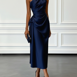 One-Shoulder Draped Satin Midi Dress with Ruched Waist