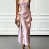 One-Shoulder Draped Satin Midi Dress with Ruched Waist